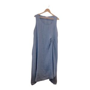 Eternelle Blue Linen Asymmetrical Sleeveless Midi Pockets Dress Made in Italy